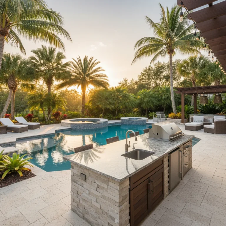 Custom outdoor kitchen and pool with tropical landscaping in Central Florida