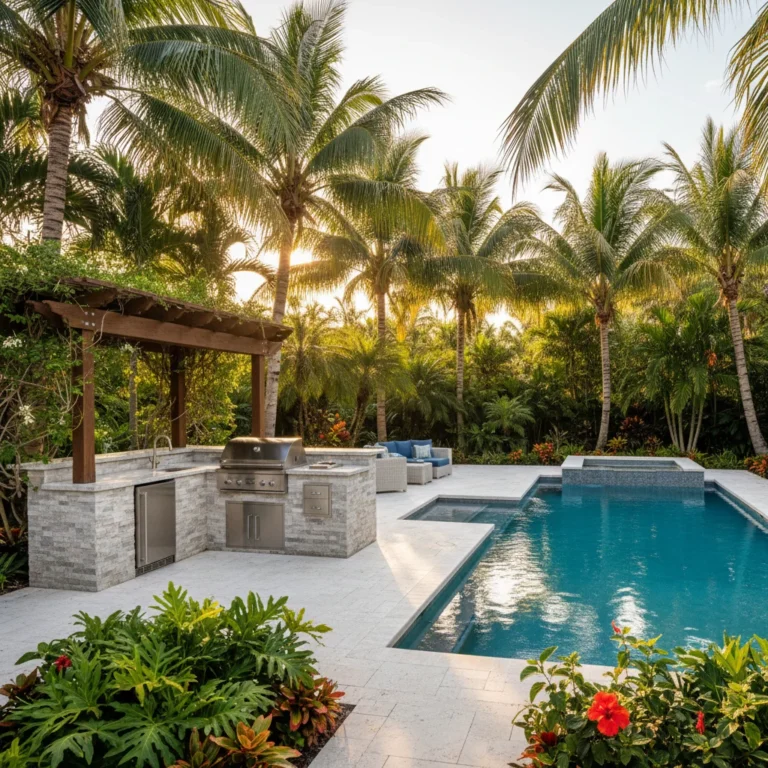 custom outdoor kitchen and pool with tropical landscaping in Florida