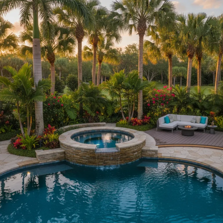 Custom spa in tropical backyard with palm trees in Central Florida