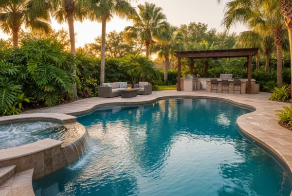 Custom pool and outdoor living area in Central Florida with palm trees