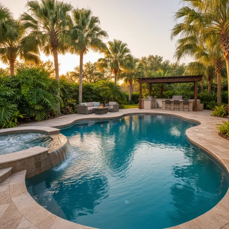 Custom pool and outdoor living area in Central Florida with palm trees