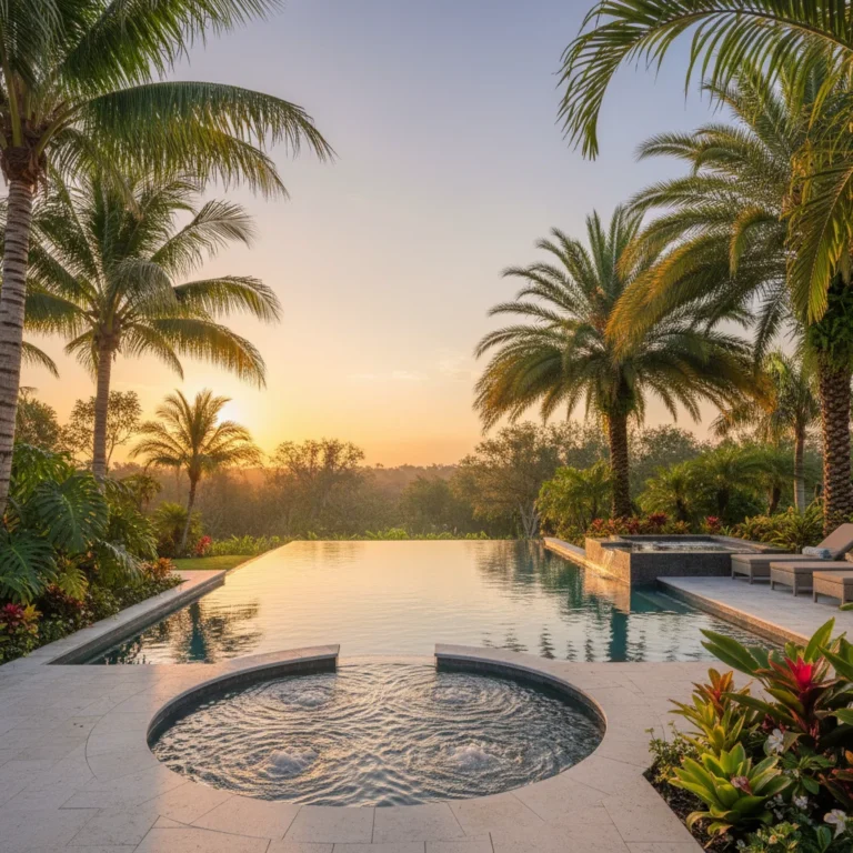 Custom infinity edge pool with tropical landscaping in Central Florida