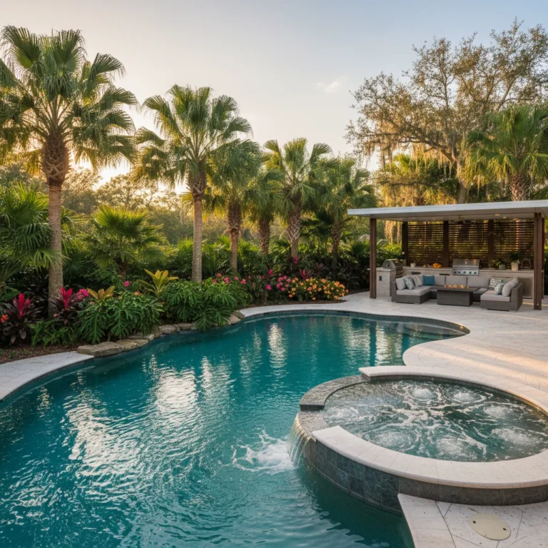 Custom saltwater pool with tropical landscaping in Central Florida backyard