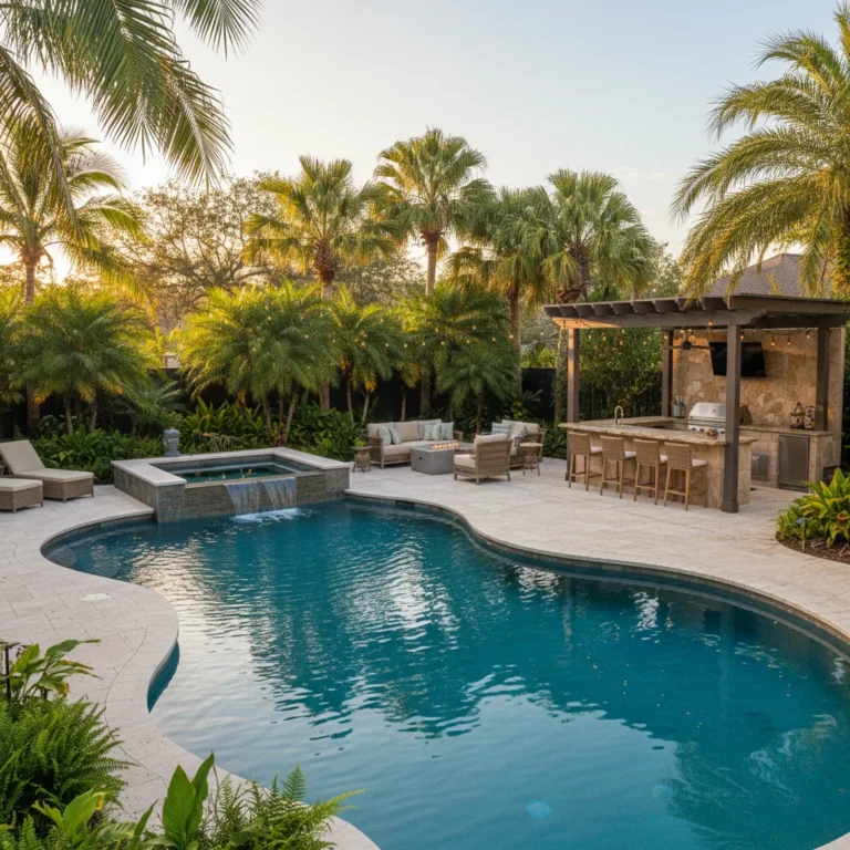 Custom saltwater pool with tropical landscaping in Central Florida backyard