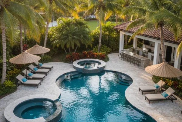 Custom pool and outdoor living area with tropical landscaping in Florida
