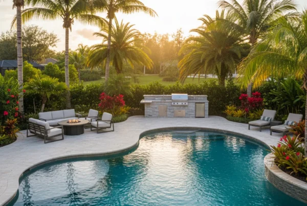 Custom pool and outdoor living area with tropical landscaping in Florida