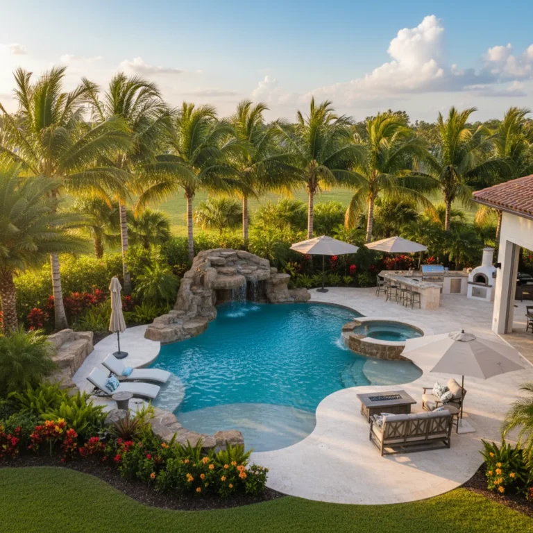 Custom pool and outdoor living area with tropical landscaping in Central Florida