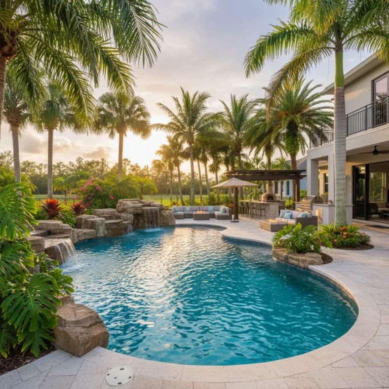 Custom pool with tropical landscaping in Central Florida backyard