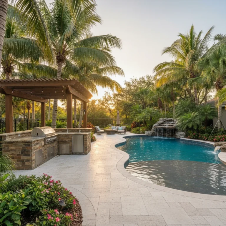 Custom outdoor kitchen and pool with tropical landscaping in Central Florida