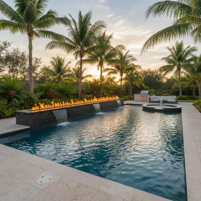 Custom fire and water feature spa with tropical landscaping in Central Florida