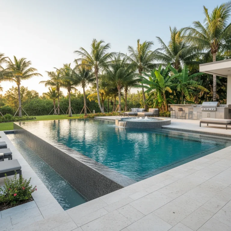 Infinity pool with vanishing edge and tropical landscaping in Central Florida