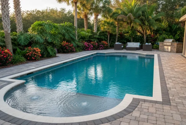 Custom paver pool deck with tropical landscaping in Central Florida