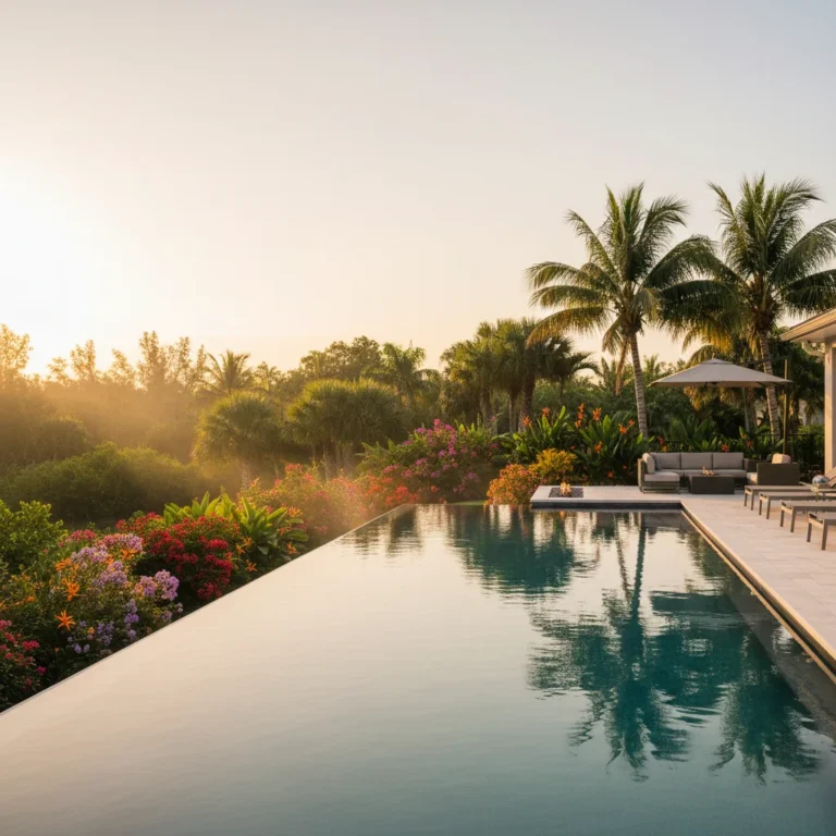 Custom infinity pool with tropical landscaping in Central Florida