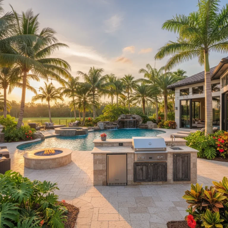 Custom outdoor kitchen and pool with tropical landscaping in Central Florida
