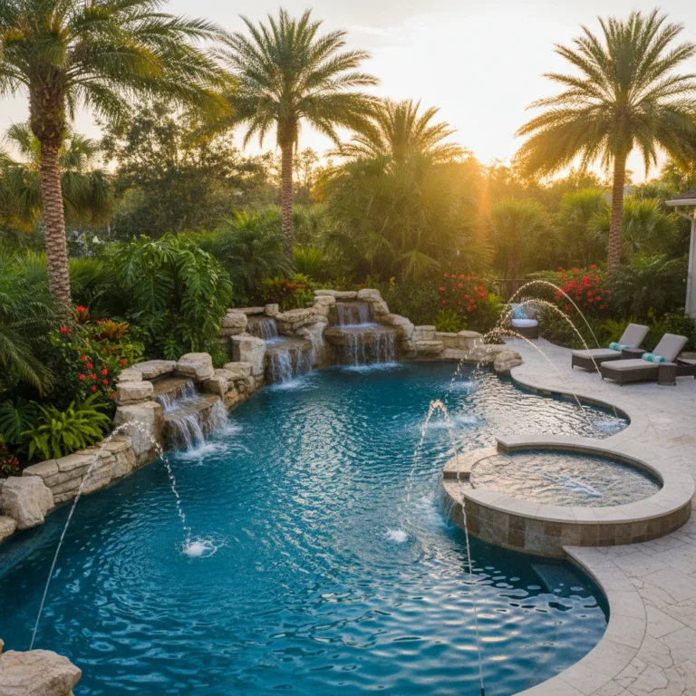 Custom pool with water features and tropical landscaping in Central Florida