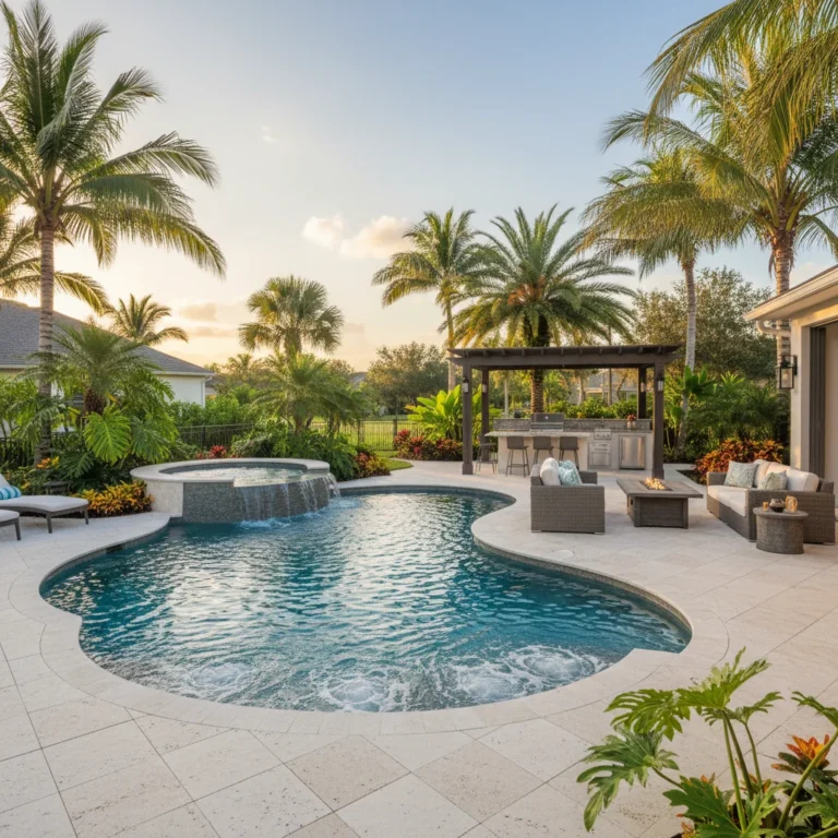 Custom pool and outdoor living area in Central Florida with palm trees