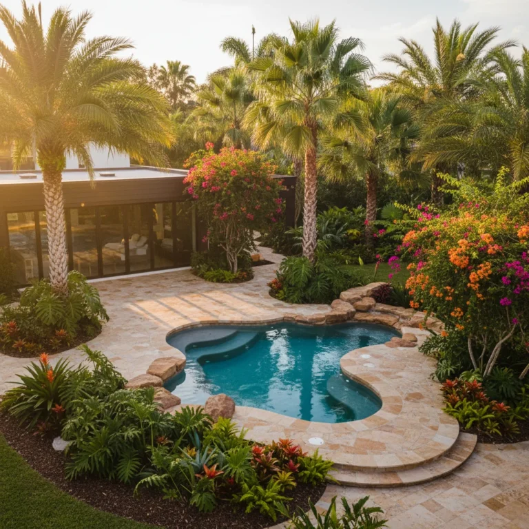 Central Florida inground spa with tropical landscaping and stone deck