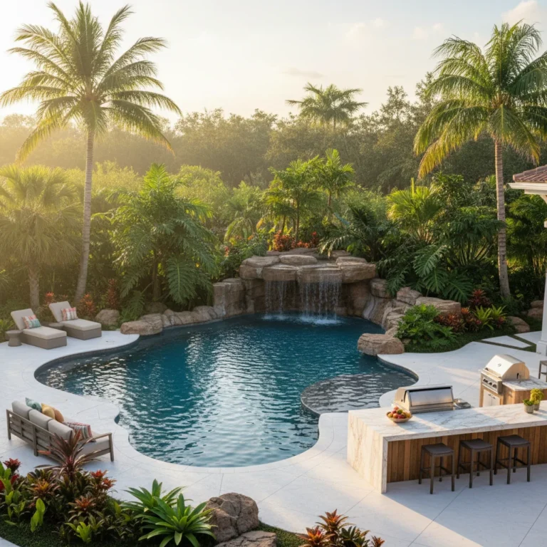 Modern custom pool with tropical landscaping in Central Florida