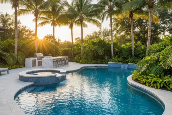 Custom pool and outdoor living area with tropical landscaping in Florida
