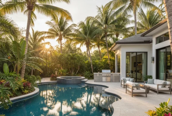 Custom pool and outdoor living area with tropical landscaping in Florida