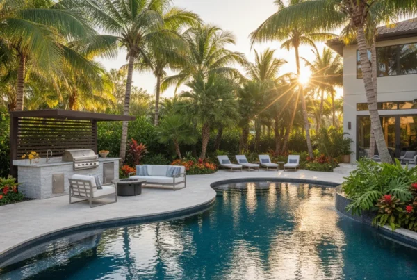Custom pool and outdoor living area with tropical landscaping in Florida