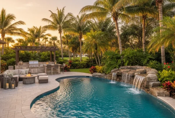Custom pool and outdoor living area with tropical landscaping in Florida