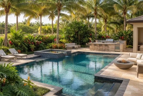Custom pool and outdoor living area with tropical landscaping in Florida