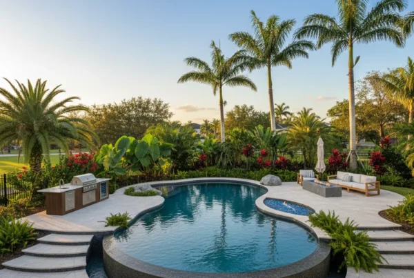 Custom pool and outdoor living area with tropical landscaping in Florida