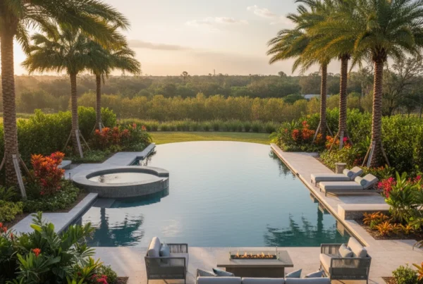 Custom infinity pool with spa and tropical landscaping in Central Florida
