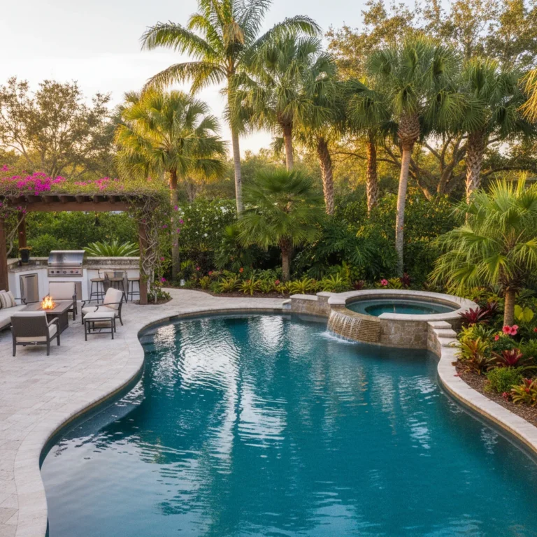 Custom inground spa and pool with tropical landscaping in Central Florida