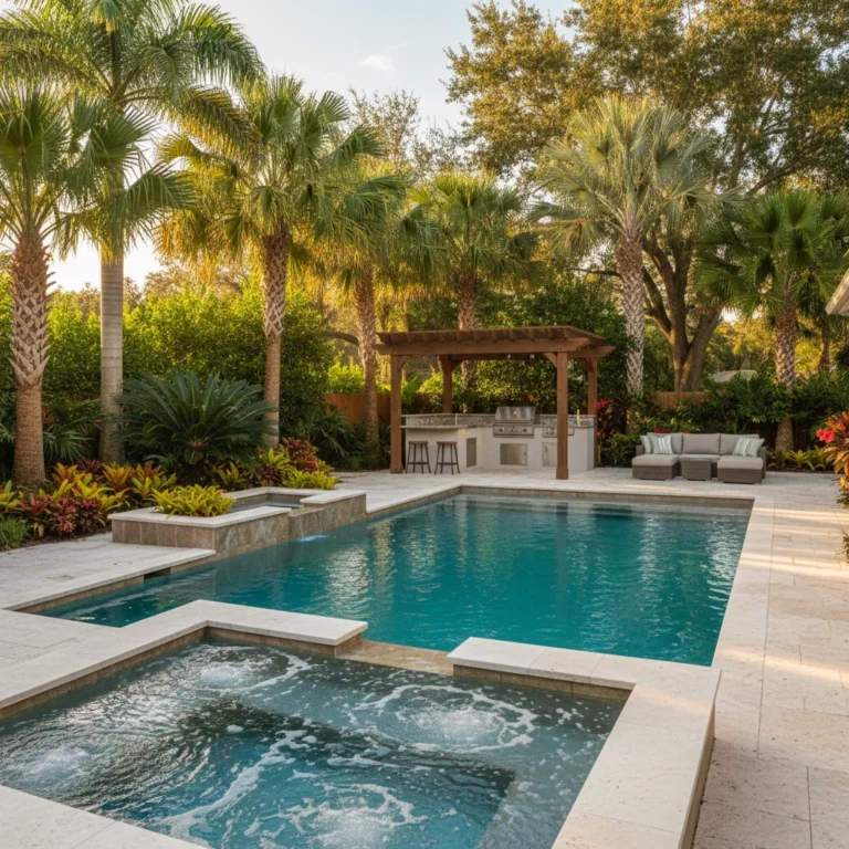 Custom saltwater pool with tropical landscaping in Central Florida backyard