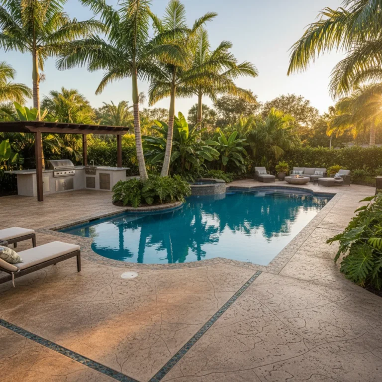 custom non-slip pool deck with tropical landscaping in Central Florida