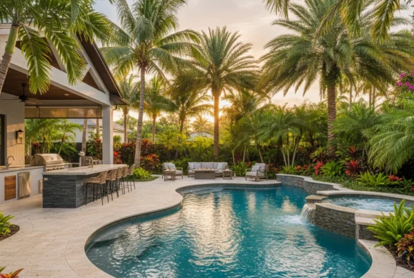 Custom pool and outdoor living area with tropical landscaping in Florida
