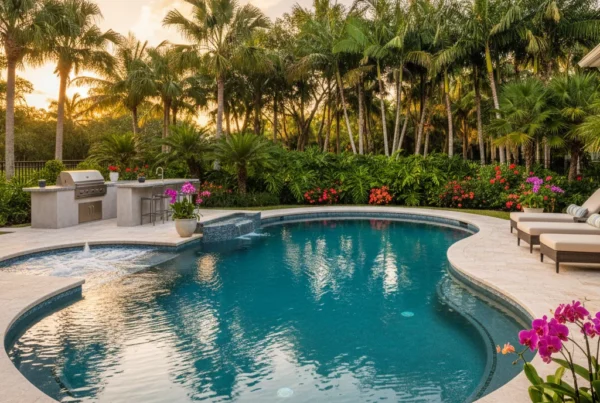 Custom pool and outdoor living area with tropical landscaping in Florida