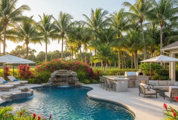Custom pool and outdoor living area with tropical landscaping in Florida