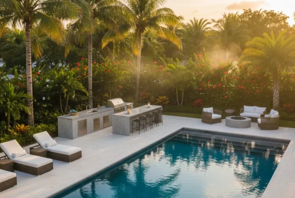 Custom pool and outdoor living area with tropical landscaping in Florida