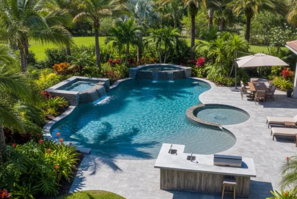 Custom pool and outdoor living area with tropical landscaping in Florida