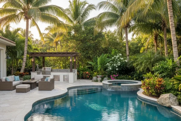 Custom pool and outdoor living area with tropical landscaping in Florida