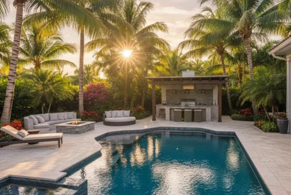 Custom pool and outdoor living area in Florida with tropical landscaping