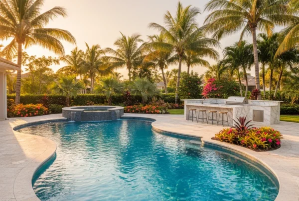 Florida backyard with custom pool, palm trees, and outdoor living area