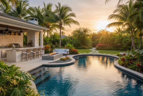 Custom pool and outdoor living area with tropical landscaping in Florida