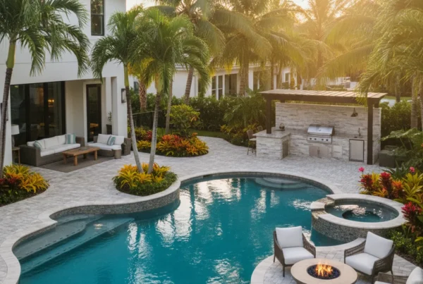 Custom pool and outdoor living area with tropical landscaping in Florida