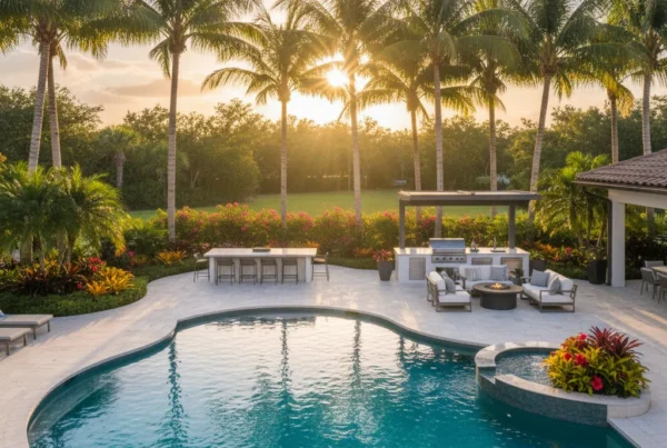 Custom pool and outdoor living area with tropical landscaping in Florida