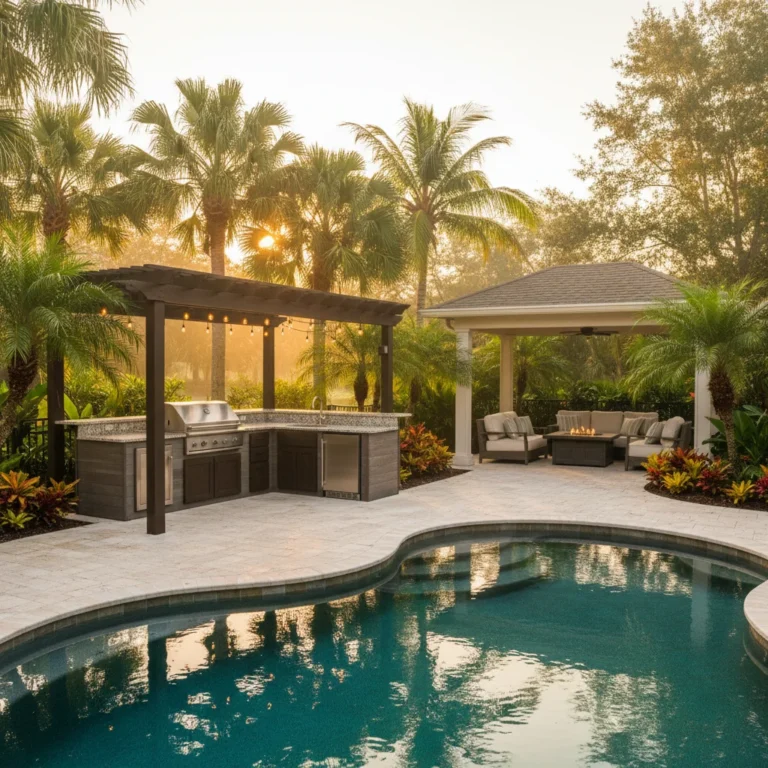 Outdoor kitchen and pool area with lighting in Central Florida