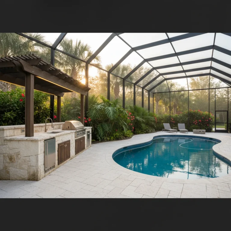 Custom outdoor kitchen and pool with screen enclosure in Central Florida