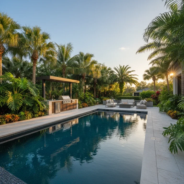 Custom pool with pebble tec finish and tropical landscaping in central florida