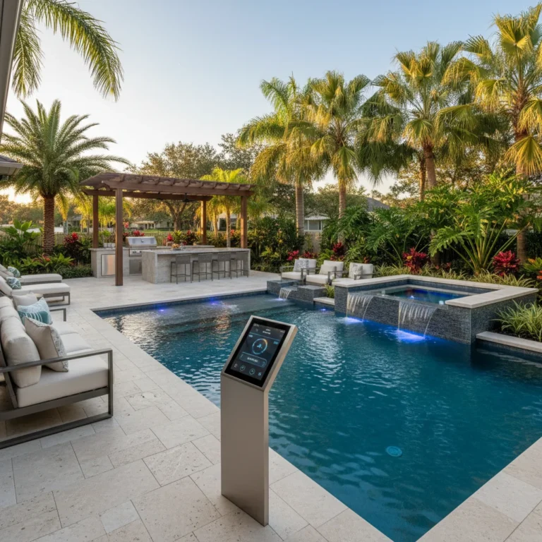 Custom automated pool with tropical landscaping in Central Florida backyard