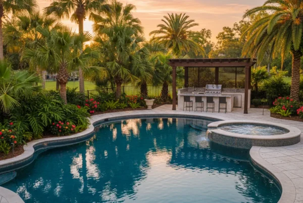 Custom pool and outdoor living area with tropical landscaping in Bartow FL