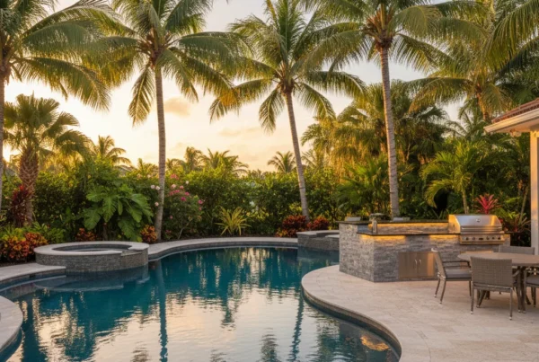 Custom pool and outdoor living area with tropical landscaping in Florida