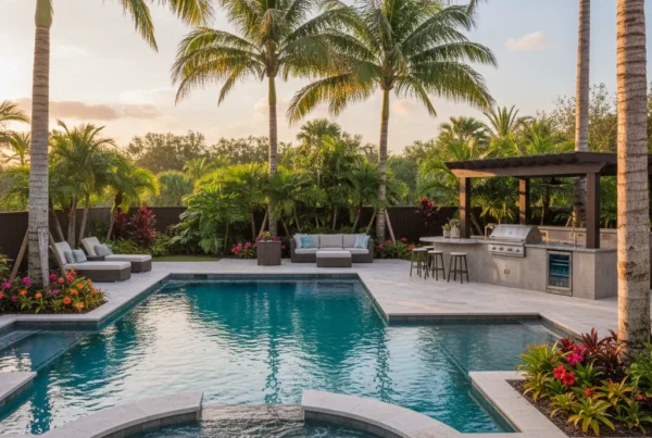 Custom pool with tropical landscaping and outdoor kitchen in Central Florida